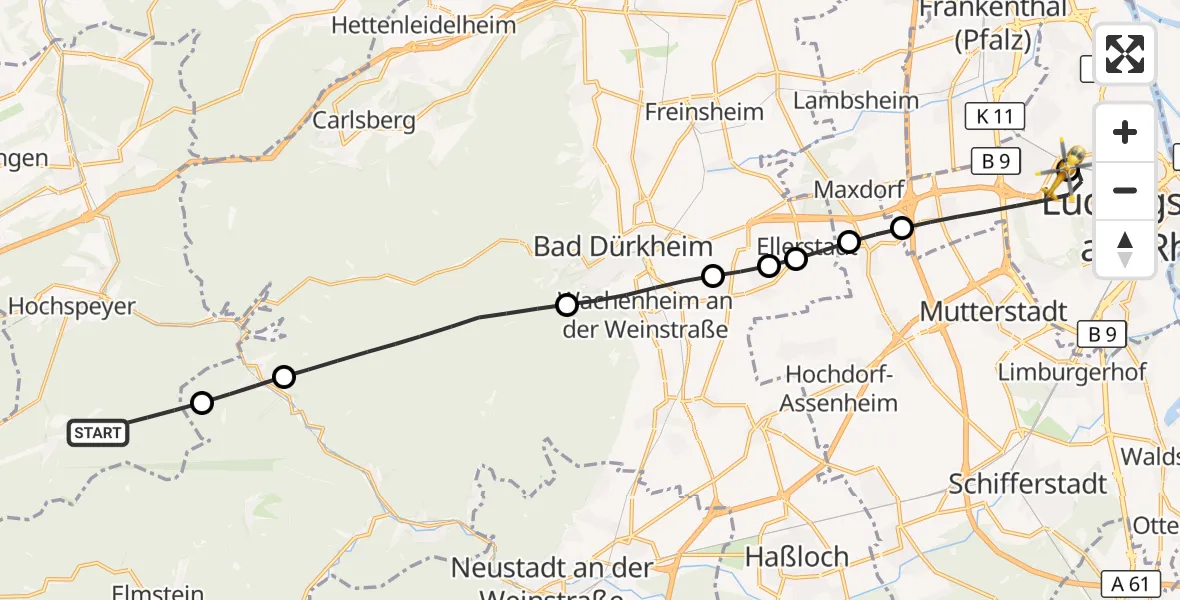 Flugroute Rettungshubschrauber Waldleiningen - Ludwigshafen Accident Hospital, 02 September 2026, 09:38