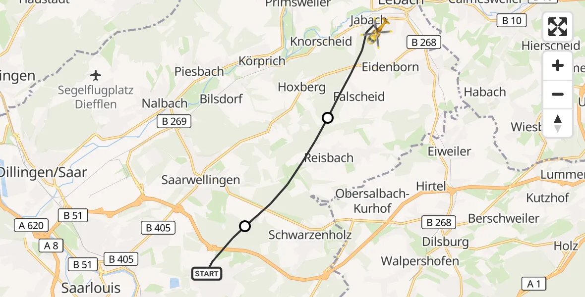 Flugroute Rettungshubschrauber Schwalbach - Lebach, 02 September 2026, 09:43