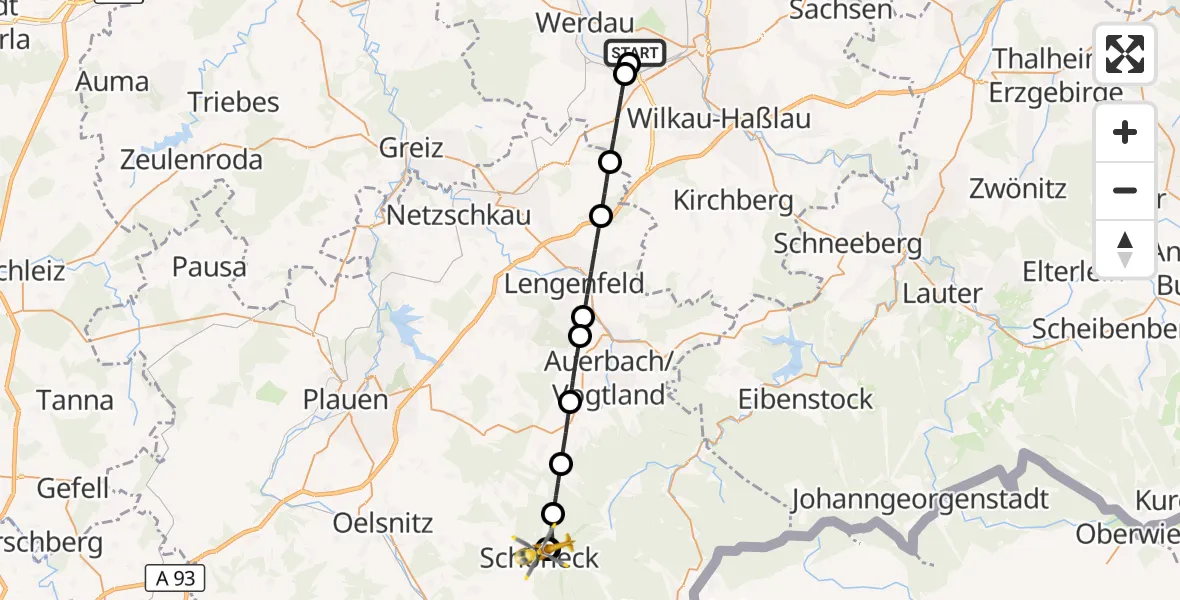 Flugroute Rettungshubschrauber ADAC Air Rescue Station Zwickau Hubschrauberlandeplatz - Paracelsus Hospital Schöneck, 02 September 2026, 09:52
