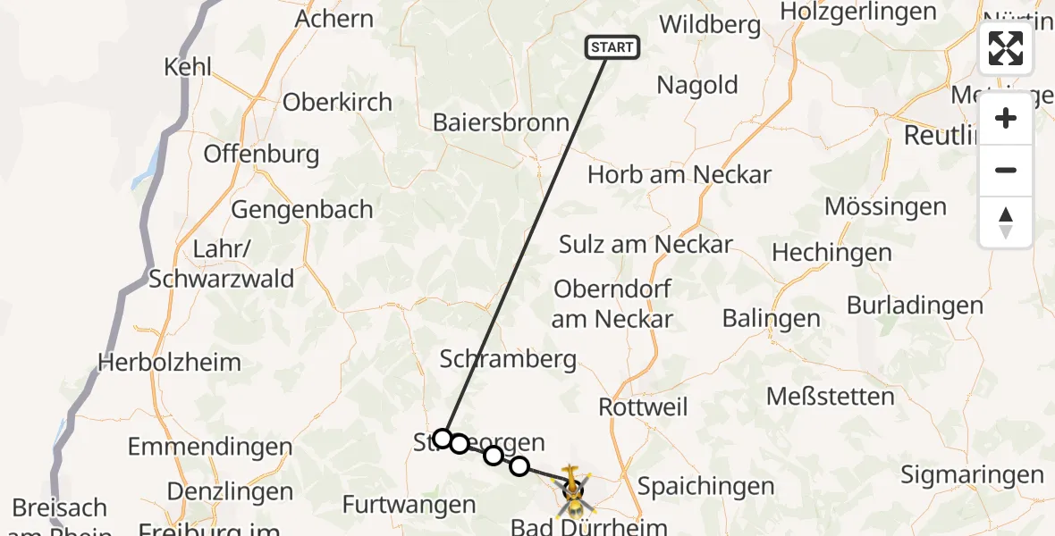 Flugroute Ambulanzhubschrauber Altensteig - DRF Air Rescue Station Villingen-Schwenningen Hubschrauberlandeplatz (Christoph 11), 02 September 2026, 10:09