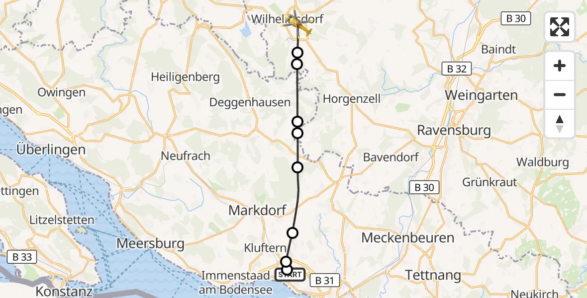 Flugroute Rettungshubschrauber Friedrichshafen Hospital - Wilhelmsdorf, 02 September 2026, 10:15