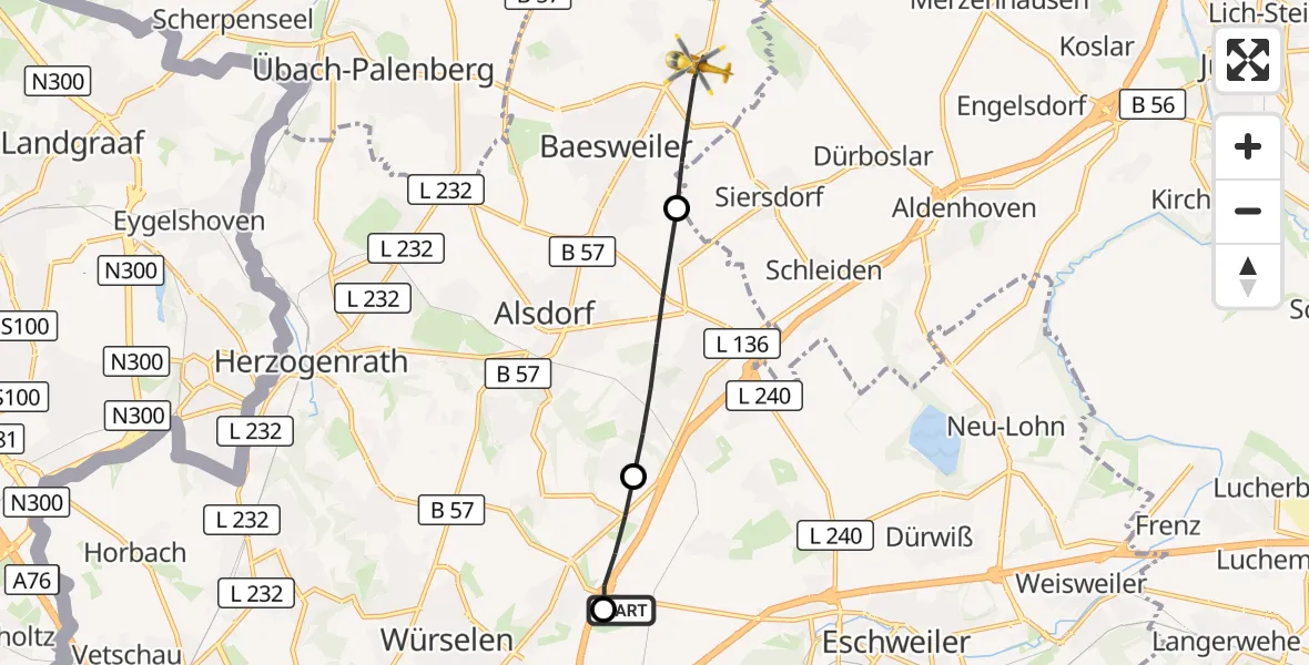 Flugroute Rettungshubschrauber Aachen-Merzbrück Flughafen - Baesweiler, 02 September 2026, 10:20