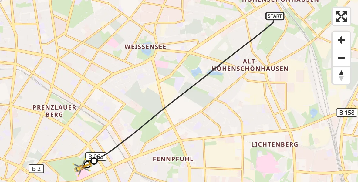 Flugroute Rettungshubschrauber Berlin - Vivantes Freidrichshain Clinic, 02 September 2026, 10:25