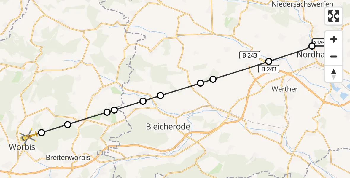 Flugroute Rettungshubschrauber Südharz Hospital Nordhausen - Leinefelde-Worbis, 02 September 2026, 10:27
