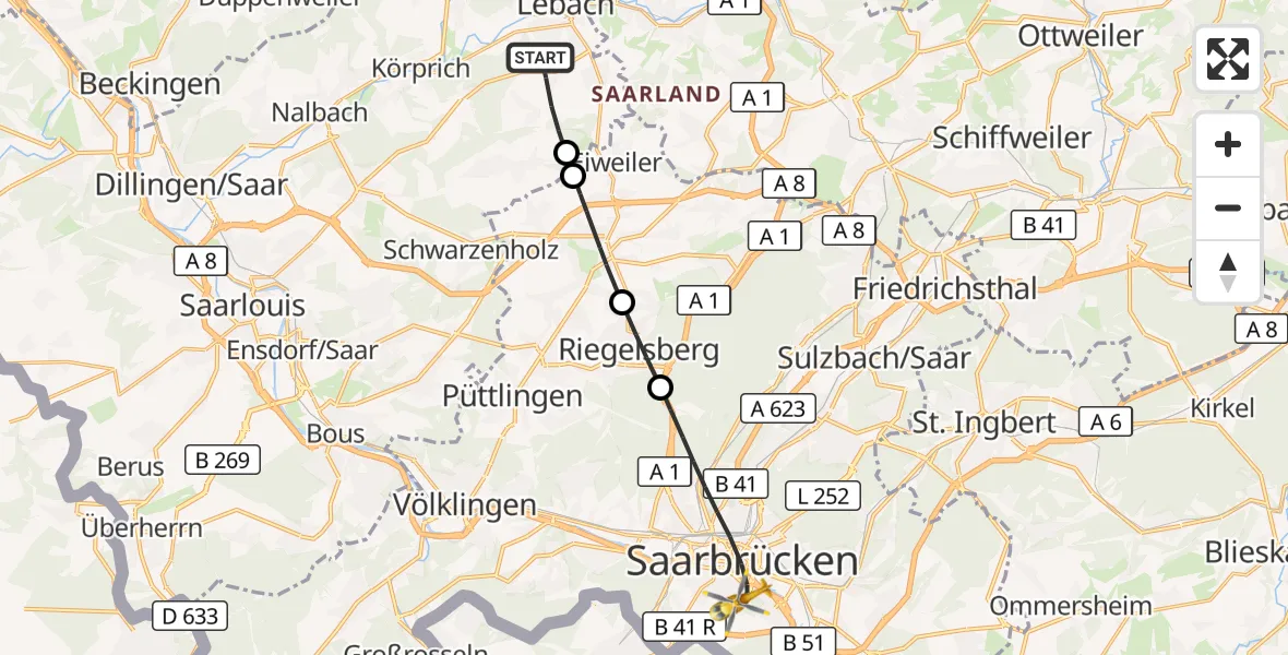 Flugroute Rettungshubschrauber Lebach - Saarbrücken, 02 September 2026, 10:28