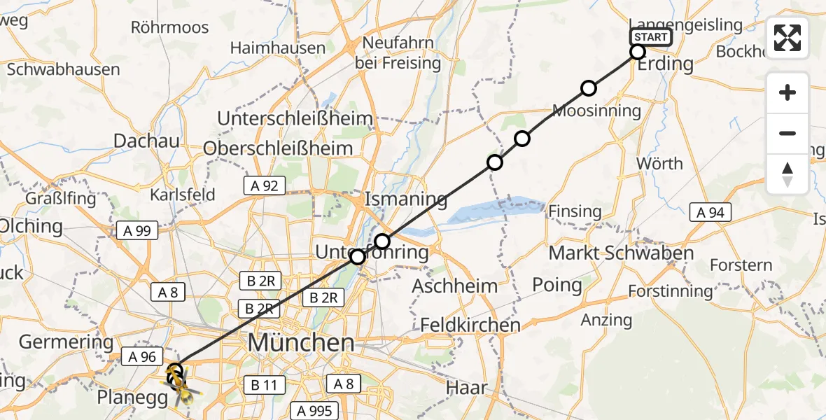 Flugroute Rettungshubschrauber Erding - DRF Air Rescue München Hubschrauberlandeplatz, 02 September 2026, 10:32
