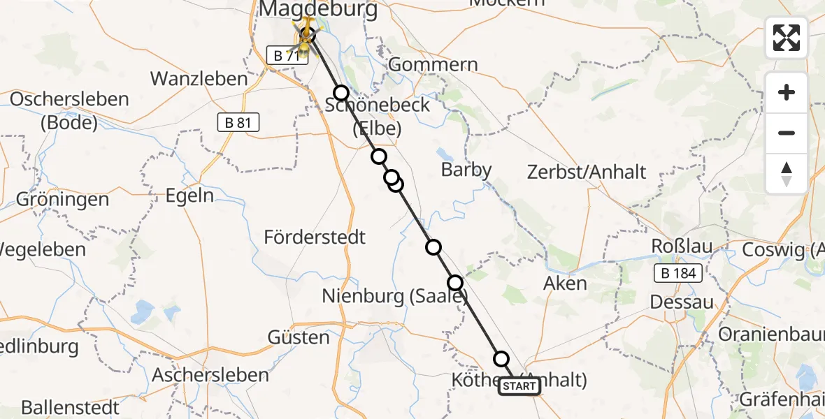 Flugroute Rettungshubschrauber Köthen (Anhalt) - Magdeburg University Hospital, 02 September 2026, 10:36