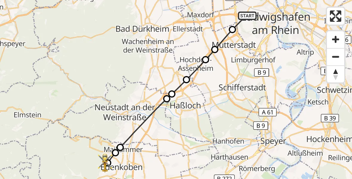 Flugroute Rettungshubschrauber Ludwigshafen am Rhein - Edenkoben, 02 September 2026, 10:38