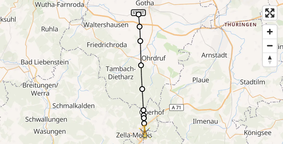 Flugroute Rettungshubschrauber Helios Clinic Gotha - Zella-Mehlis, 02 September 2026, 10:41