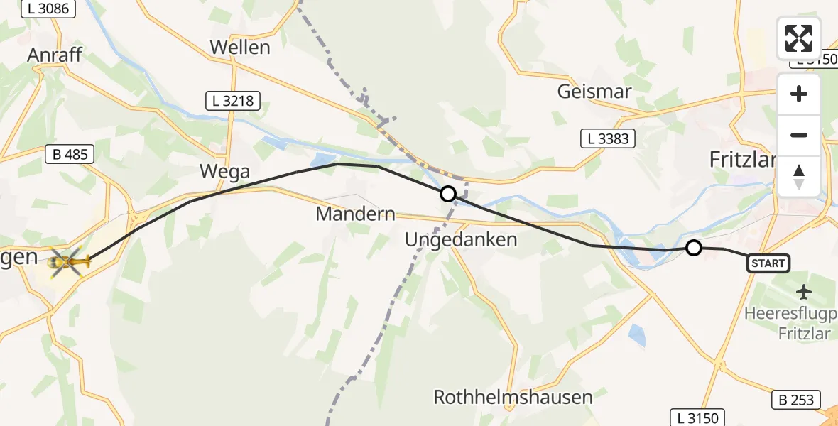 Flugroute Rettungshubschrauber Fritzlar Army Flugplatz - Bad Wildungen, 02 September 2026, 10:41