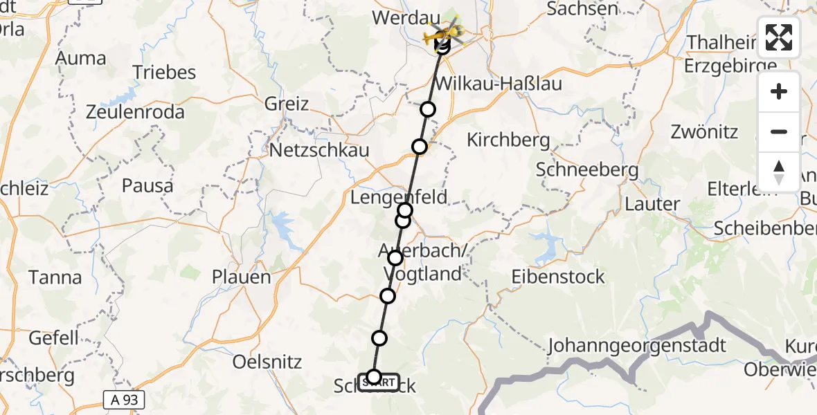 Flugroute Rettungshubschrauber Paracelsus Hospital Schöneck - ADAC Air Rescue Station Zwickau Hubschrauberlandeplatz, 02 September 2026, 10:55