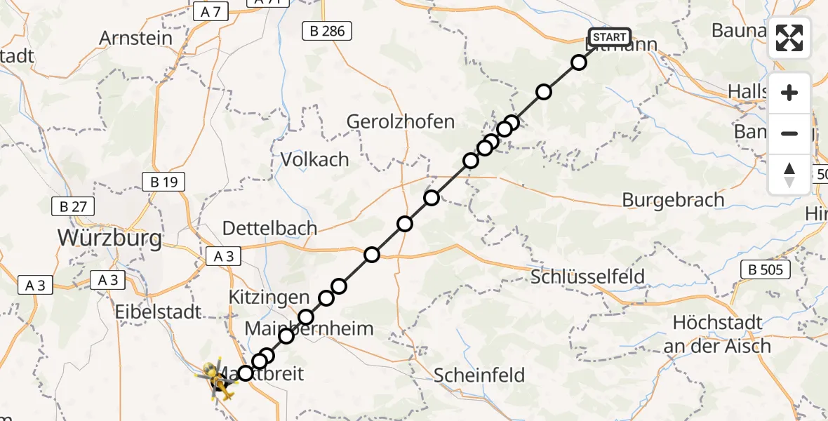 Flugroute Rettungshubschrauber Eltmann - Ochsenfurt Hospital, 02 September 2026, 10:58