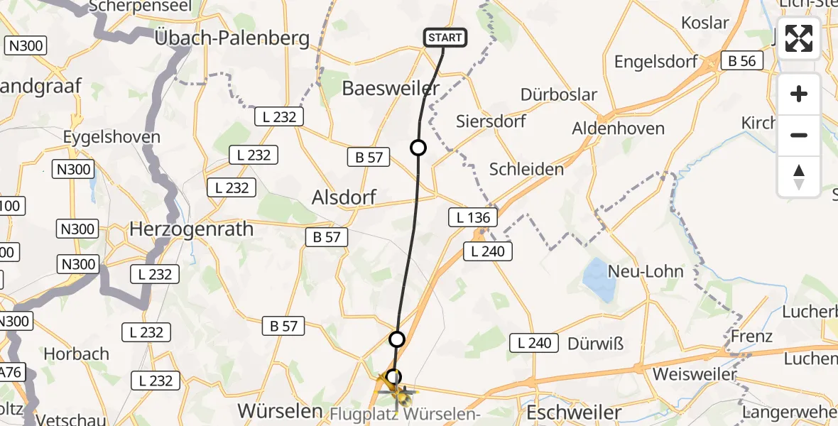 Flugroute Rettungshubschrauber Baesweiler - Aachen-Merzbrück Flughafen, 02 September 2026, 11:00