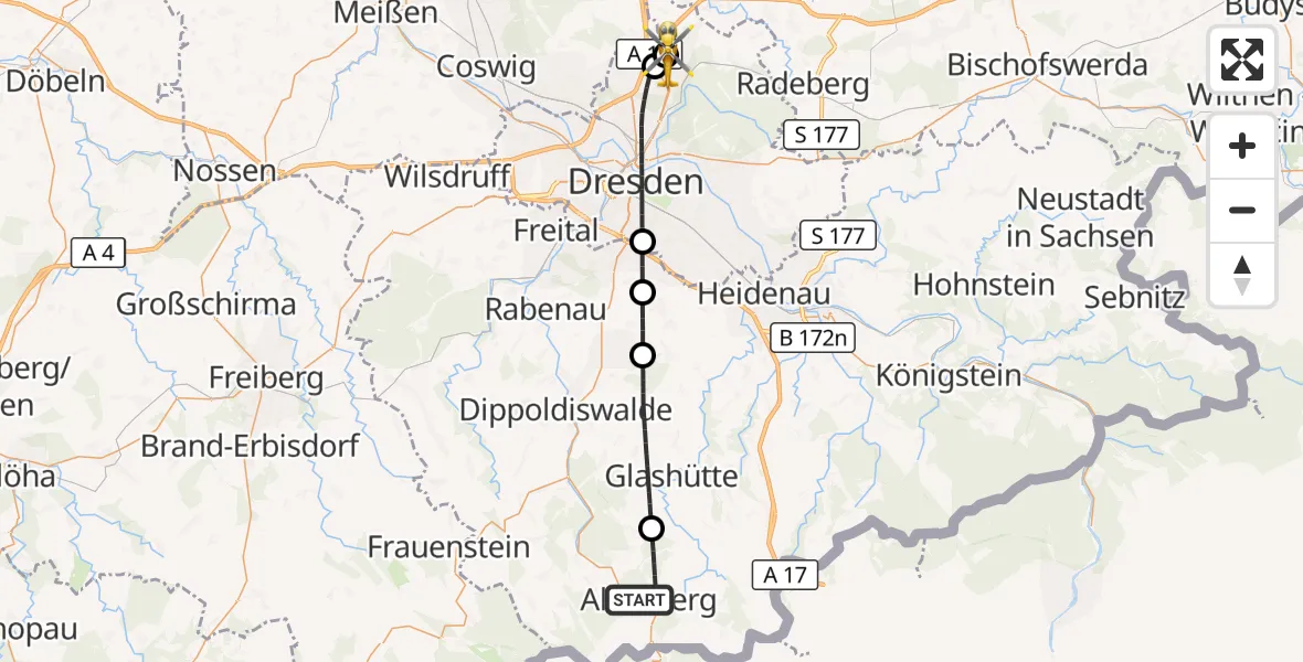 Flugroute Rettungshubschrauber Altenberg - Dresden Bundespolizei Hubschrauberlandeplatz, 02 September 2026, 11:01
