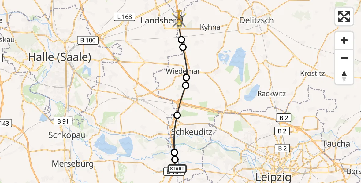 Flugroute Rettungshubschrauber ADAC Air Rescue Station Leipzig/Schkeuditz-Dölzig Hubschrauberlandeplatz (Christoph 61) - Wiedemar, 02 September 2026, 11:03
