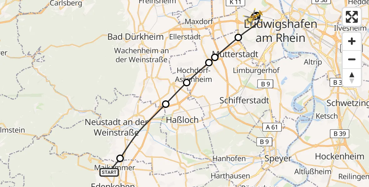 Flugroute Rettungshubschrauber Maikammer - Ludwigshafen Accident Hospital, 02 September 2026, 11:10
