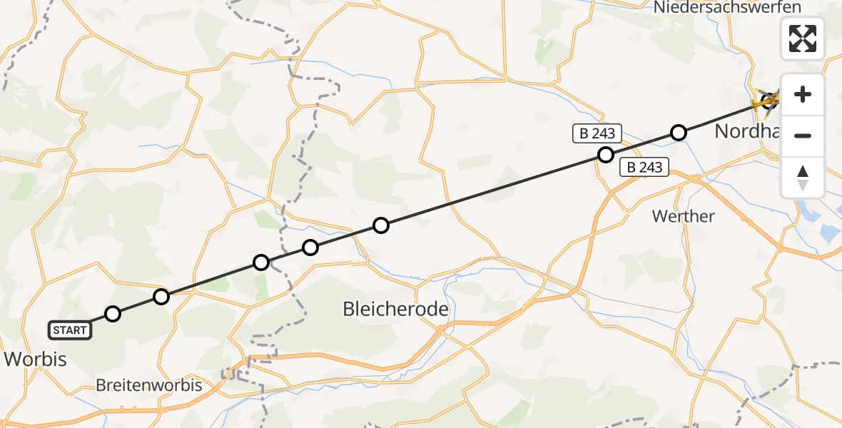 Flugroute Rettungshubschrauber Leinefelde-Worbis - Südharz Hospital Nordhausen, 02 September 2026, 11:13