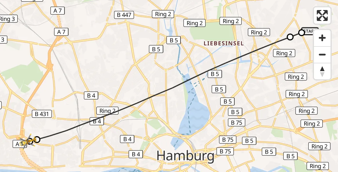 Flugroute Rettungshubschrauber Hamburg Military Hospital - Asklepios Hospital Altona, 02 September 2026, 11:20