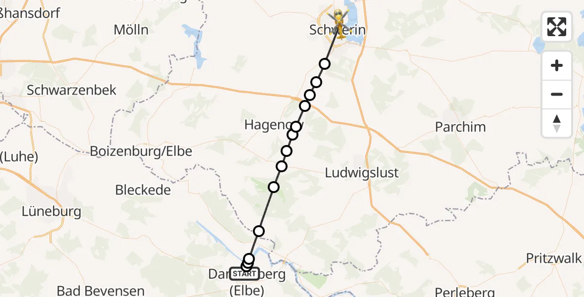 Flugroute Rettungshubschrauber Dannenberg (Elbe) - Schwerin, 02 September 2026, 11:22