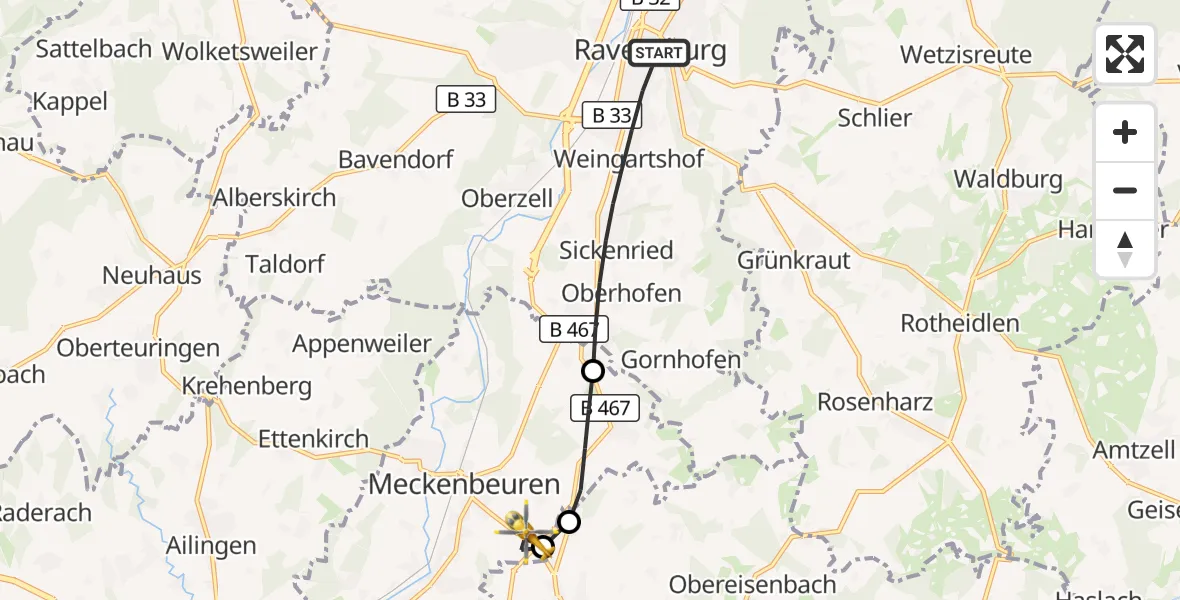 Flugroute Rettungshubschrauber Ravensburg - Meckenbeuren, 02 September 2026, 11:35