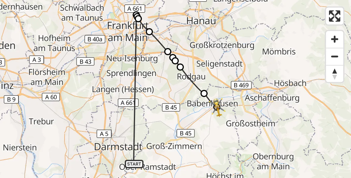 Flugroute Rettungshubschrauber Mühltal - Babenhausen Flugplatz, 02 September 2026, 11:52