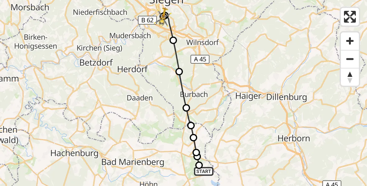 Flugroute Rettungshubschrauber Homberg - Evangelisches Jung-Stilling Hospital, 02 September 2026, 11:57