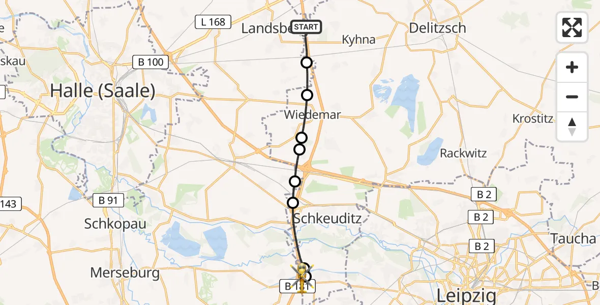 Flugroute Rettungshubschrauber Wiedemar - ADAC Air Rescue Station Leipzig/Schkeuditz-Dölzig Hubschrauberlandeplatz (Christoph 61), 02 September 2026, 12:00