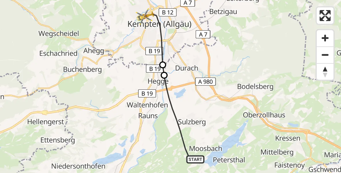 Flugroute Rettungshubschrauber Sulzberg - Kempten (Allgäu), 02 September 2026, 12:04