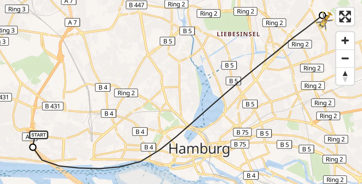 Flugroute Rettungshubschrauber Asklepios Hospital Altona - Hamburg Military Hospital, 02 September 2026, 12:06
