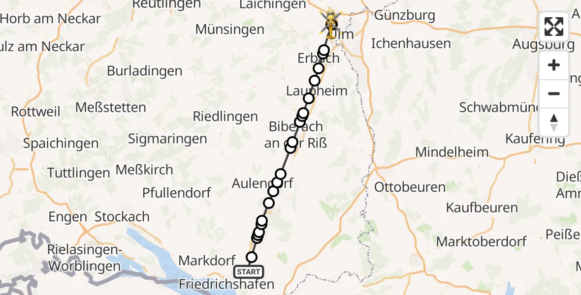Flugroute Rettungshubschrauber Meckenbeuren - Ulm Military Hospital Emergency, 02 September 2026, 12:17