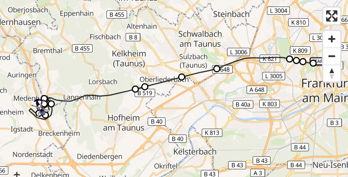 Flugroute Polizeihubschrauber Frankfurt am Main Polizeipräsidium Hubschrauberlandeplatz - Autobahn Police Wiesbaden Hubschrauberlandeplatz, 02 September 2026, 12:25