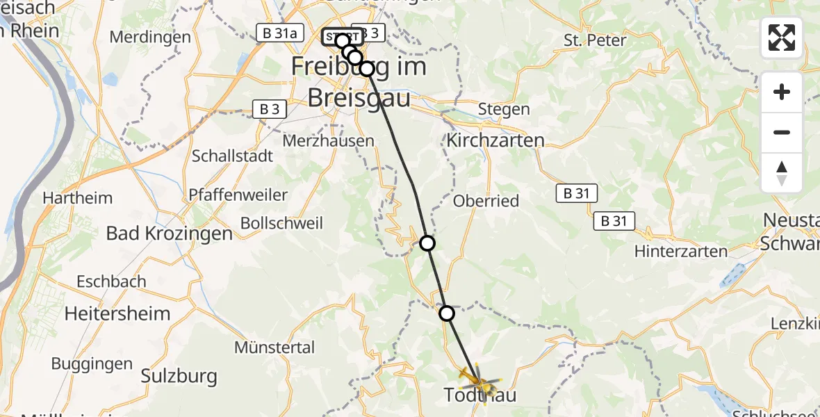 Flugroute Ambulanzhubschrauber Freiburg im Breisgau Flugplatz - Todtnau, 02 September 2026, 12:40