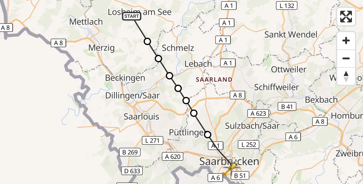 Flugroute Rettungshubschrauber Losheim am See - Saarbrücken, 02 September 2026, 12:44