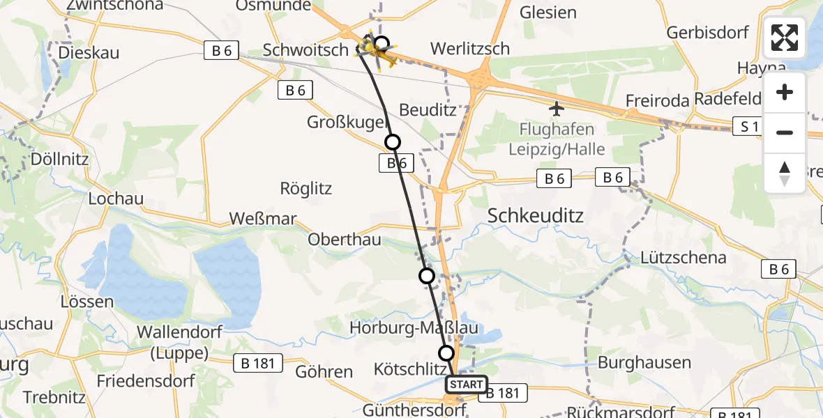 Flugroute Rettungshubschrauber ADAC Air Rescue Station Leipzig/Schkeuditz-Dölzig Hubschrauberlandeplatz (Christoph 61) - Kabelsketal, 02 September 2026, 12:49