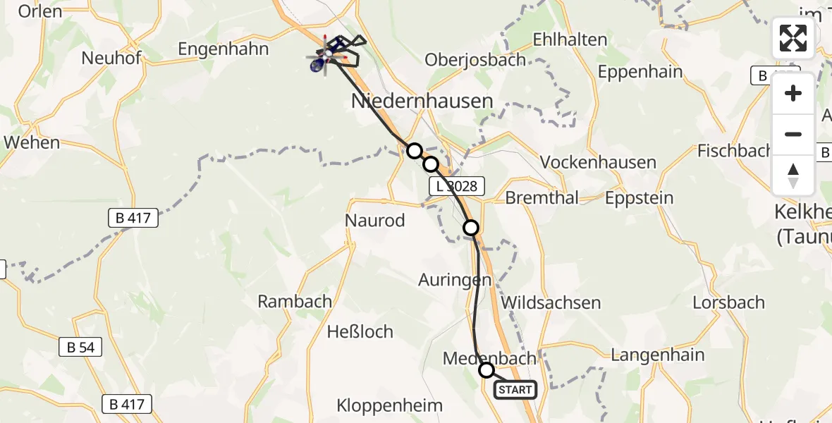 Flugroute Polizeihubschrauber Autobahn Police Wiesbaden Hubschrauberlandeplatz - Niedernhausen, 02 September 2026, 12:58