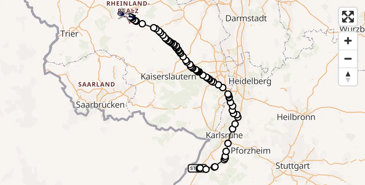 Flugroute Polizeihubschrauber Sinzheim - Laufersweiler, 02 September 2026, 13:07