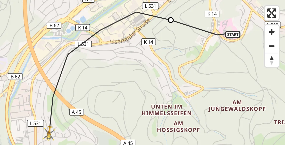 Flugroute Rettungshubschrauber Evangelisches Jung-Stilling Hospital - Siegen, 02 September 2026, 13:10