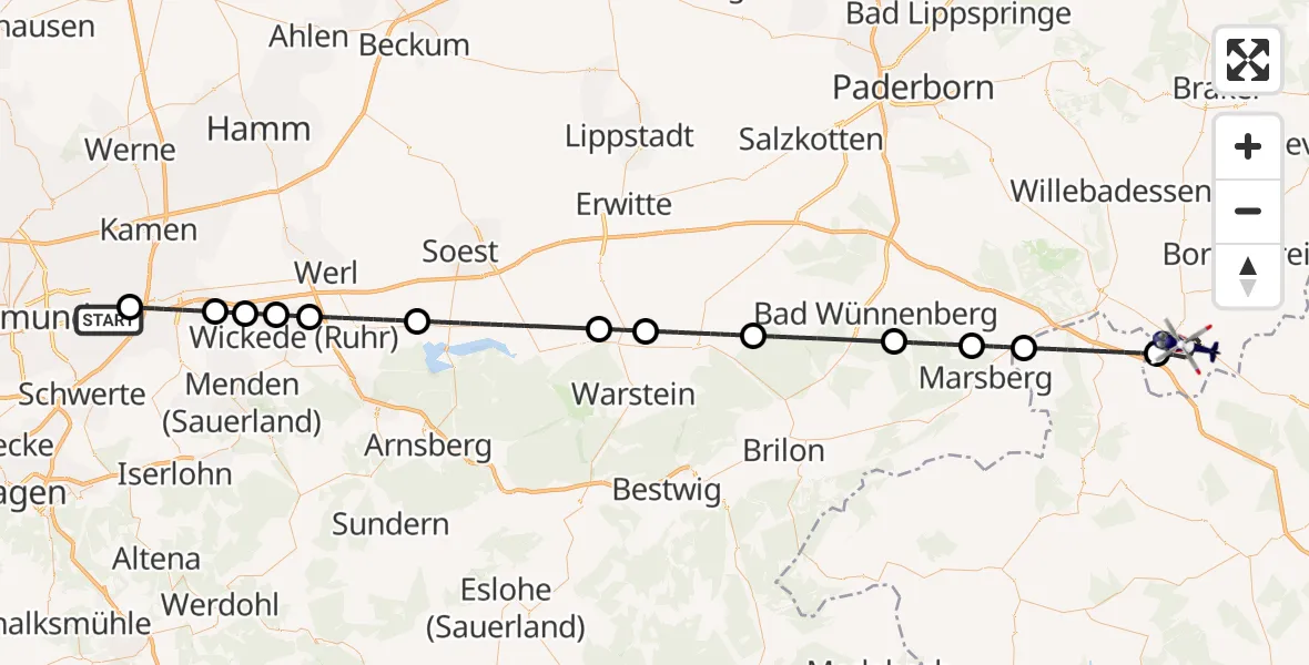 Flugroute Polizeihubschrauber Dortmund Flughafen - Warburg, 02 September 2026, 13:20