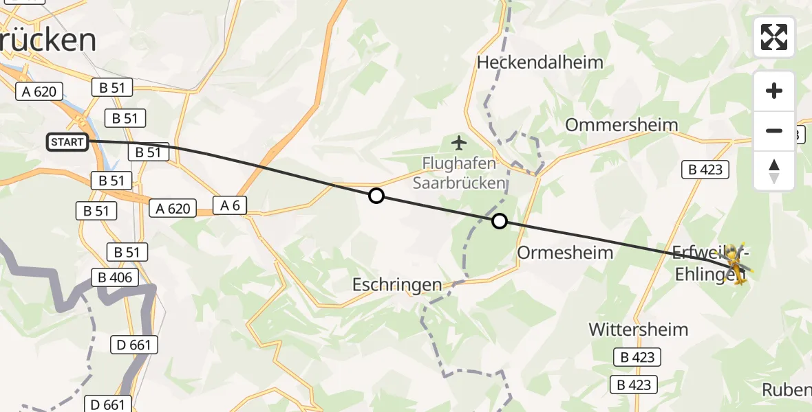 Flugroute Rettungshubschrauber Saarbrücken - Mandelbachtal, 02 September 2026, 13:24
