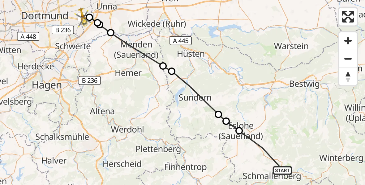 Flugroute Rettungshubschrauber Schmallenberg - Dortmund Flughafen, 02 September 2026, 13:27