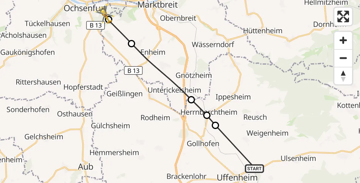 Flugroute Rettungshubschrauber Uffenheim - Ochsenfurt Hospital, 02 September 2026, 13:37
