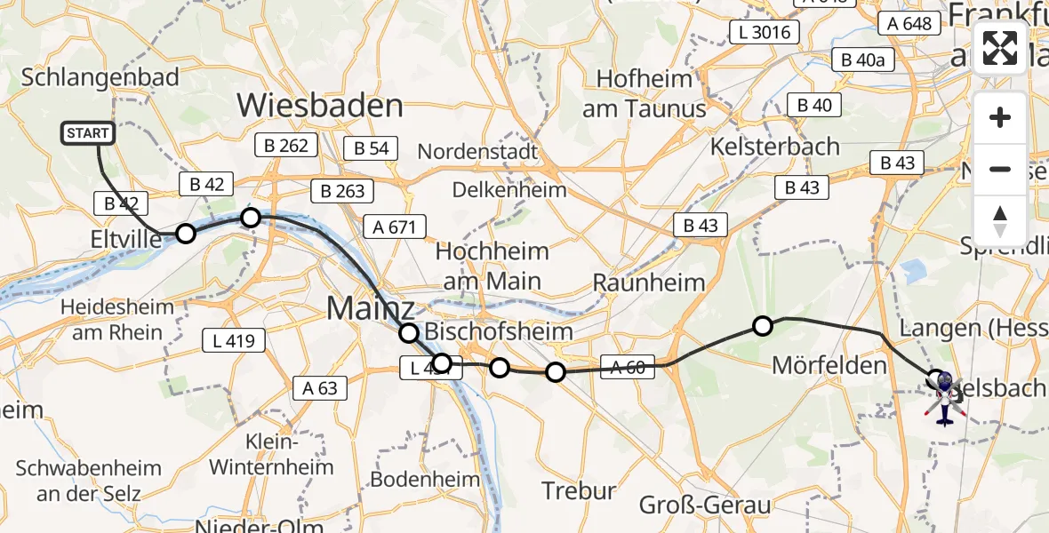 Flugroute Polizeihubschrauber Eltville am Rhein - Flughafen Frankfurt-Egelsbach, 02 September 2026, 13:47