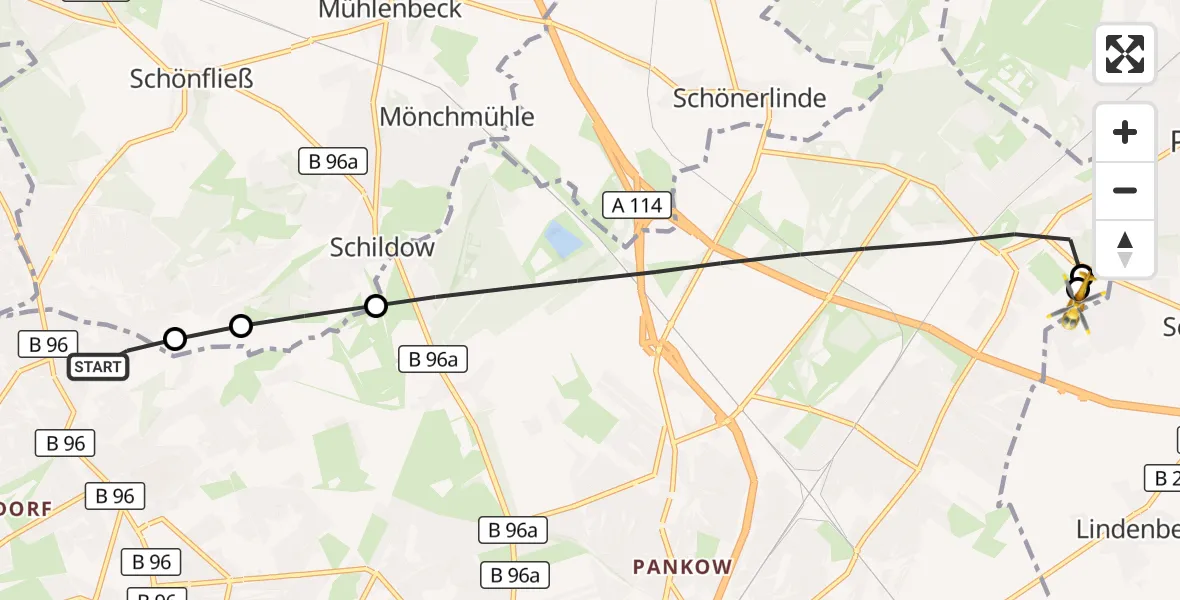 Flugroute Rettungshubschrauber Berlin - Helios Clinic Berlin-Buch, 02 September 2026, 13:47