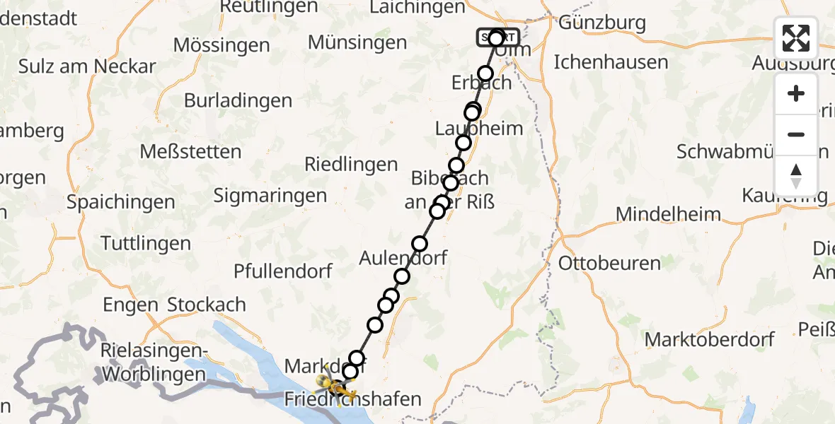 Flugroute Rettungshubschrauber Ulm Military Hospital Emergency - Friedrichshafen Hospital, 02 September 2026, 13:48
