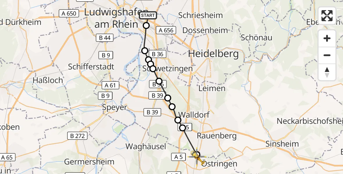 Flugroute Rettungshubschrauber Mannheim-City Flughafen - Bad Schönborn, 02 September 2026, 13:49