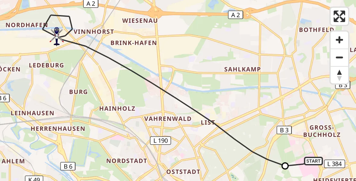 Flugroute Polizeihubschrauber Hannover Luftrettung Hubschrauberlandeplatz (Christoph 4) - Hannover, 02 September 2026, 13:50