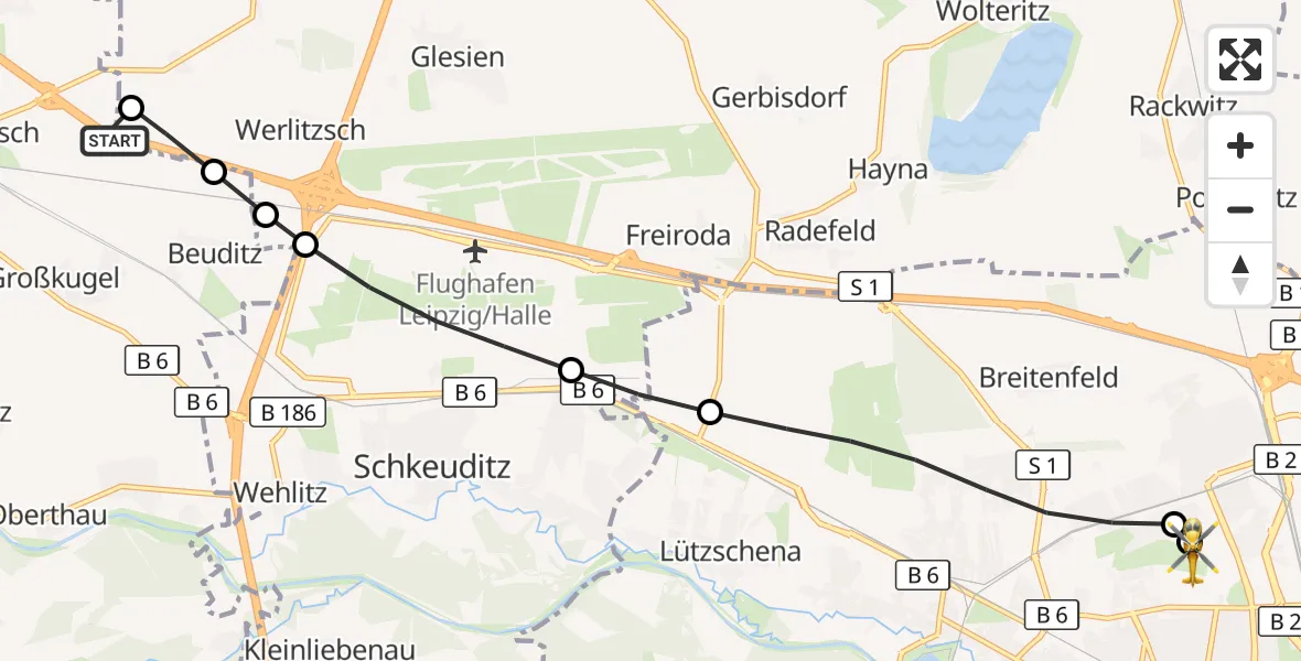 Flugroute Rettungshubschrauber Kabelsketal - Sankt Georg Hospital Leipzig Reserve, 02 September 2026, 13:55