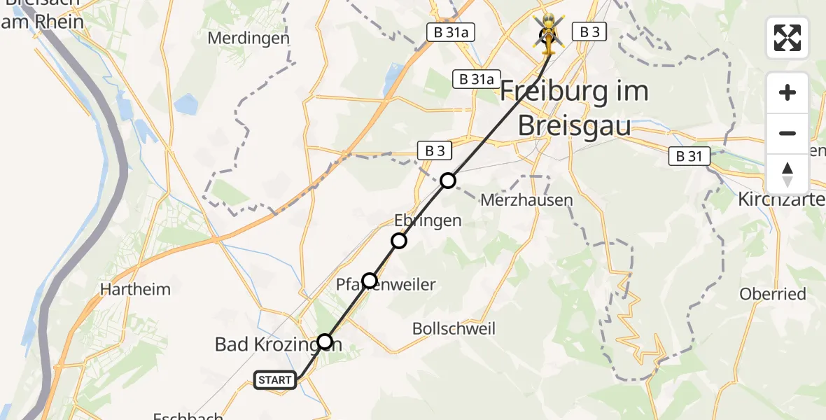 Flugroute Ambulanzhubschrauber Bad Krozingen - Freiburg im Breisgau Flugplatz, 02 September 2026, 14:02