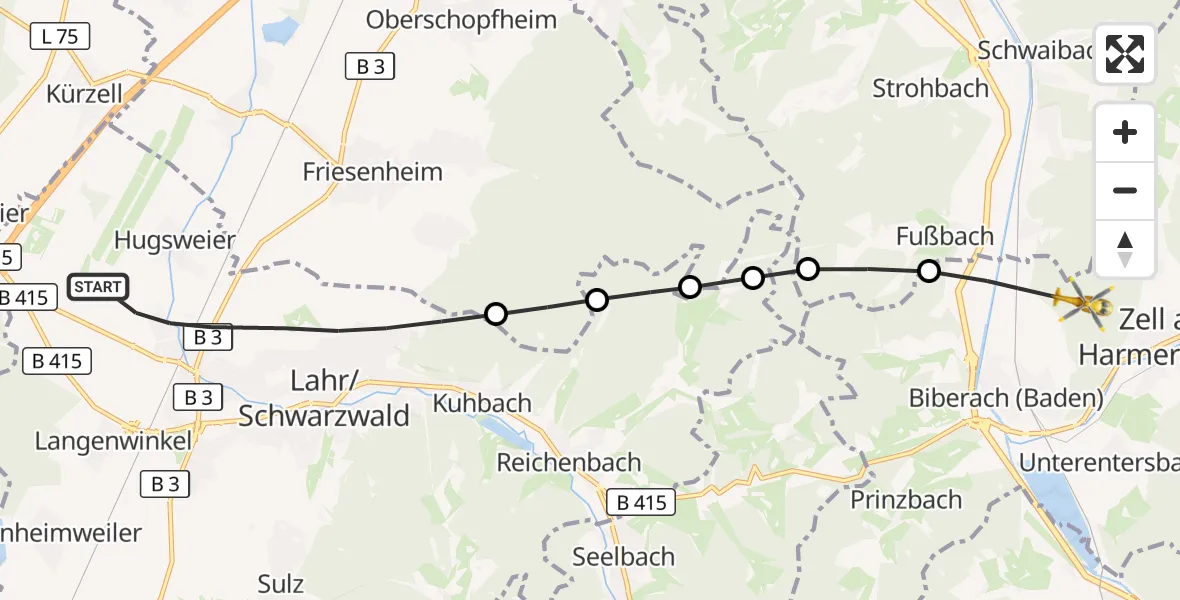 Flugroute Rettungshubschrauber Lahr/Schwarzwald - Biberach, 02 September 2026, 14:04
