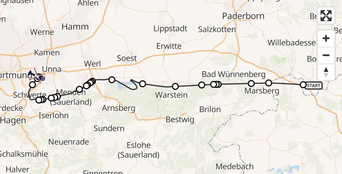 Flugroute Polizeihubschrauber Warburg - Dortmund Flughafen, 02 September 2026, 14:21